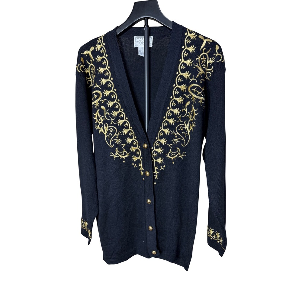 Casual Corner Vintage 1993 Black Gold Embroidered Wool Blend Cardigan Sweater S